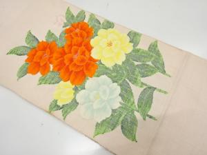 アンティーク　手織り真綿紬　草花模様織り出し名古屋帯